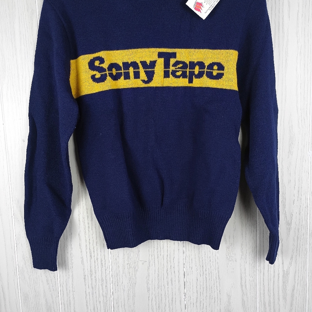 VINTAGE w/tag 1980's Extremely Rare Navy yellow Sony Tape knitted Sweater Size S - Picture 3 of 14